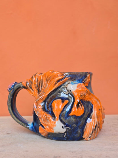 Yin & yang 🟠 Orange & Red Koi with big corals & lotus bloom (discounted)